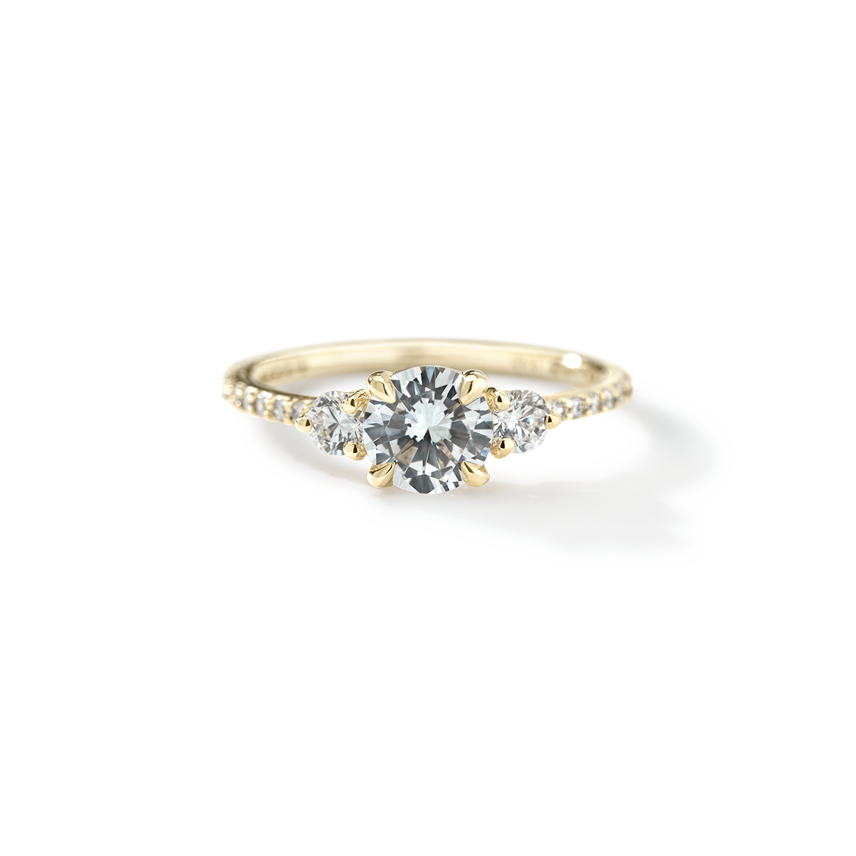 3 Stone Diamond Pave Engagement Ring 18K Yellow Gold