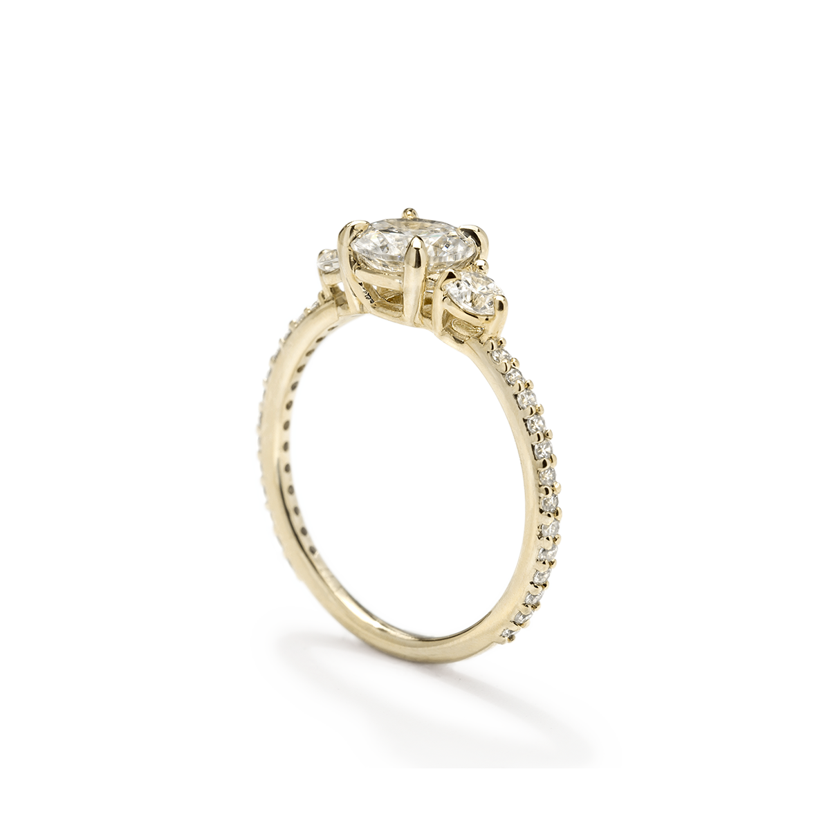 3 Stone Diamond Pave Engagement Ring 18K Yellow Gold